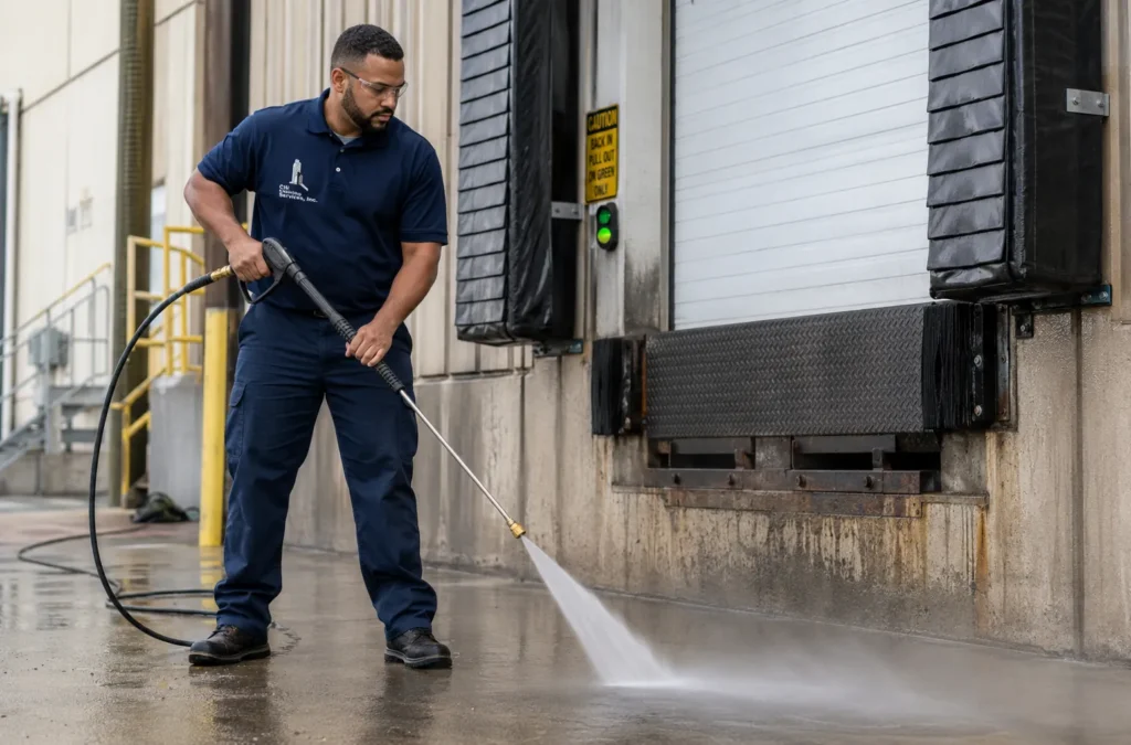 Citi Cleaning technician pressure washing a loading dock apron while crew members clean the dock