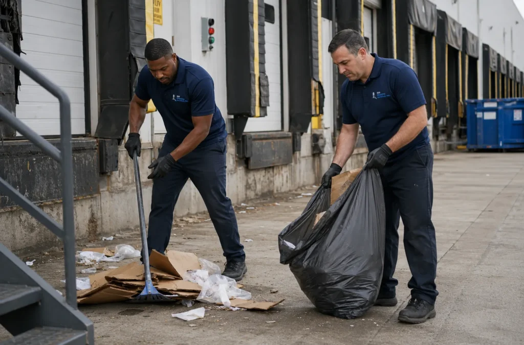 Citi Cleaning crew clearing trash and debris from a warehouse loading dock