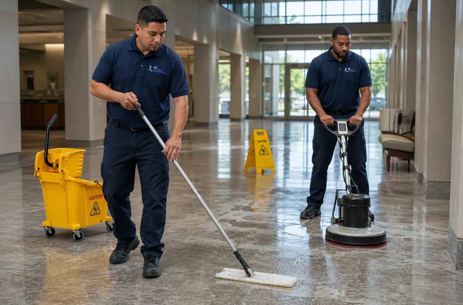 Floor care technician auto-scrubbing a commercial tile floor with a rotary scrubber at a commercial facility