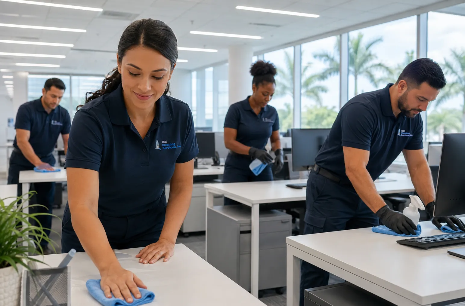 Uniformed Citi Cleaning janitorial crew servicing an Orlando office buildin