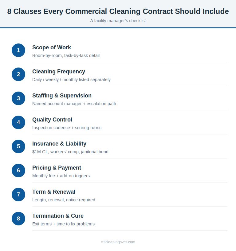 Eight clauses every commercial cleaning contract should include for facility managers