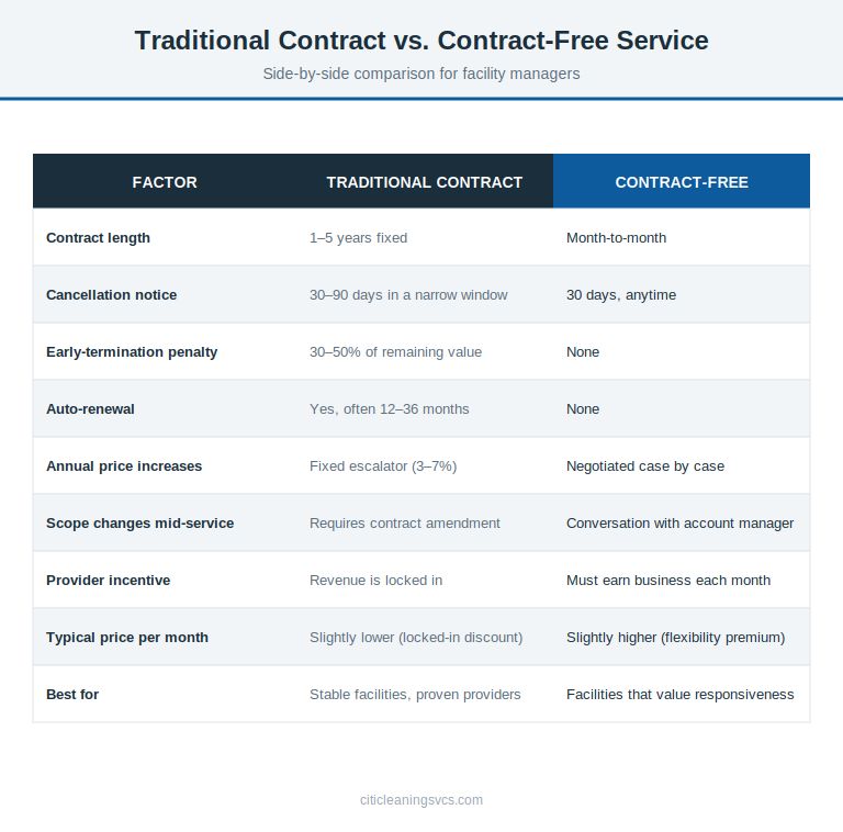 Comparison table showing traditional commercial cleaning contracts vs. contract-free month-to-month service