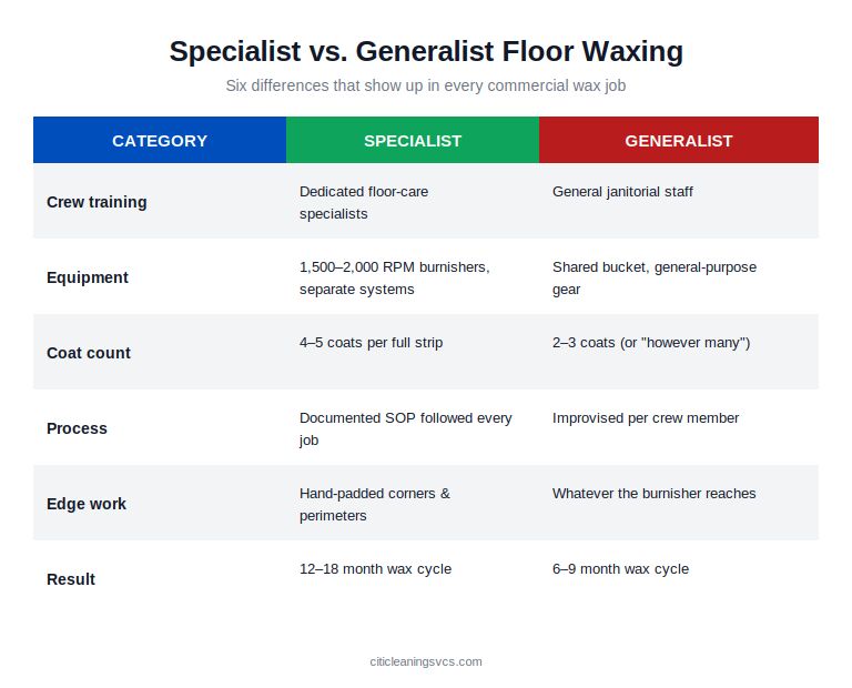 Specialist vs generalist commercial floor waxing company comparison chart