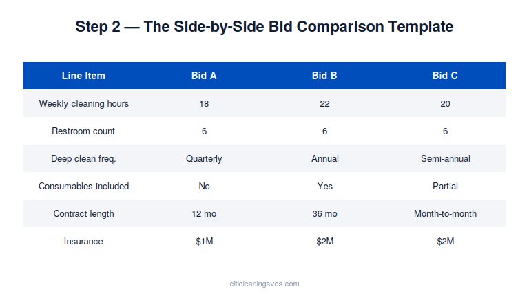 Commercial cleaning bid comparison template with weighted scoring for facility managers