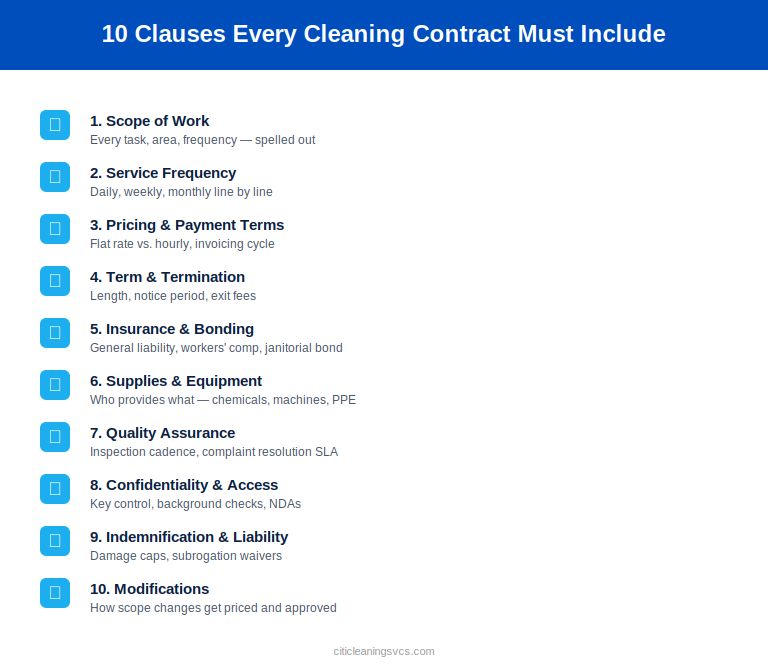 Commercial cleaning contract checklist showing 10 required clauses for facility managers