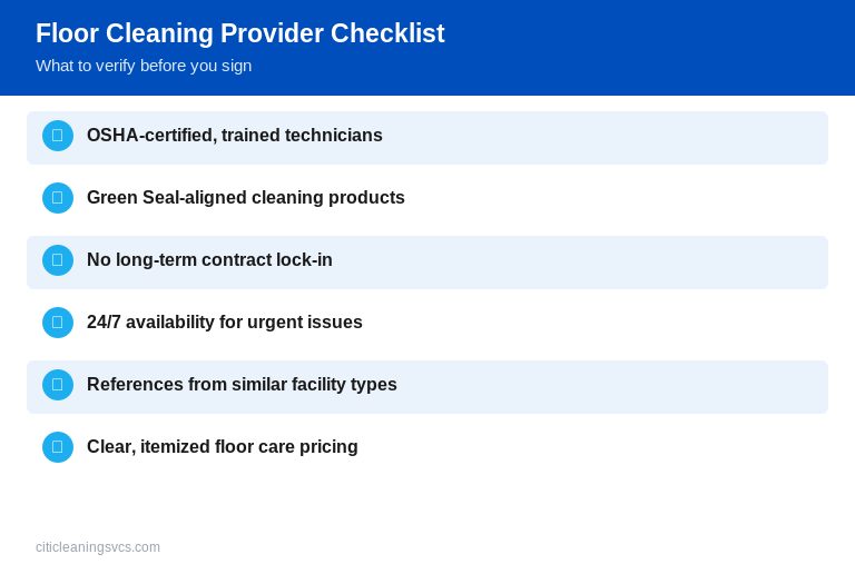 Commercial floor cleaning provider vetting checklist infographic