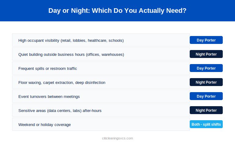 Decision framework for choosing between day porter and night porter services