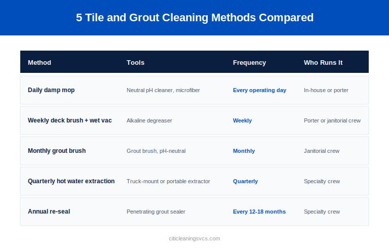 Five commercial tile and grout cleaning methods compared by tools and frequency