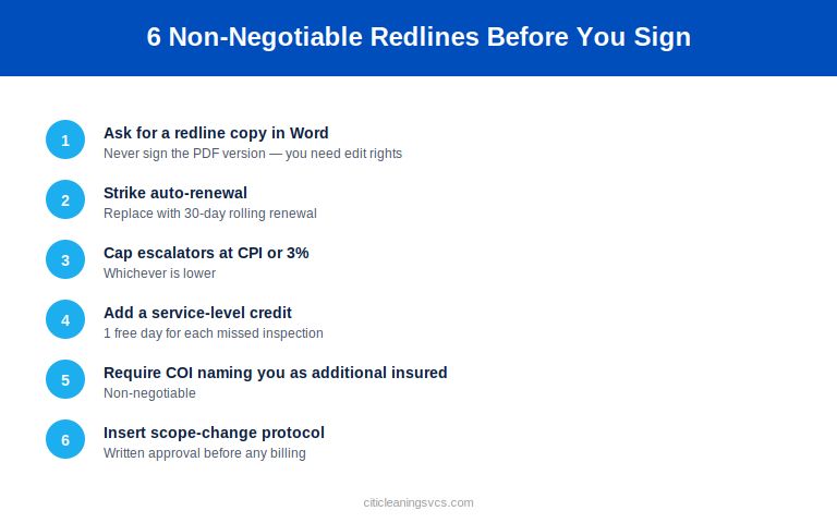 Six non-negotiable redlines to add before signing a commercial cleaning contract