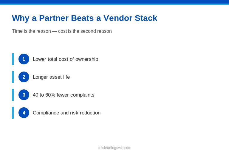 Why\ a\ Partner\ Beats\ a\ Vendor\ Stack — facility manager visual