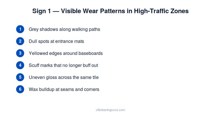 VCT floor wear pattern indicators for strip and wax service in Central Florida
