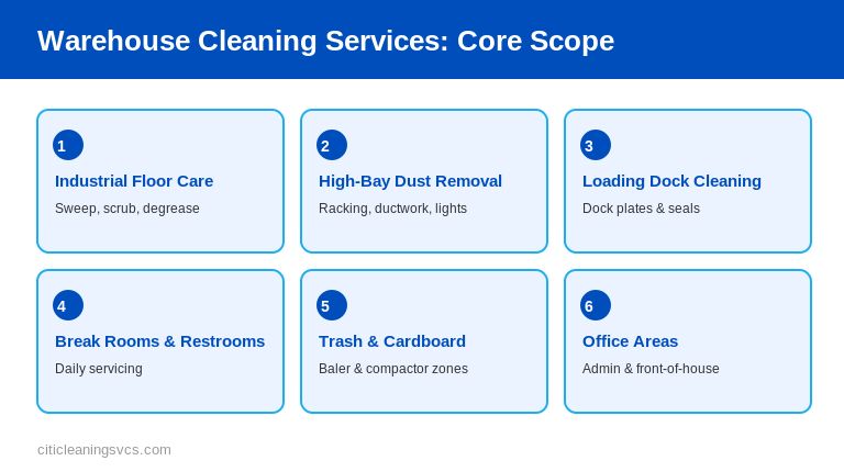 Warehouse cleaning services scope showing floor care, dust removal, and dock cleaning