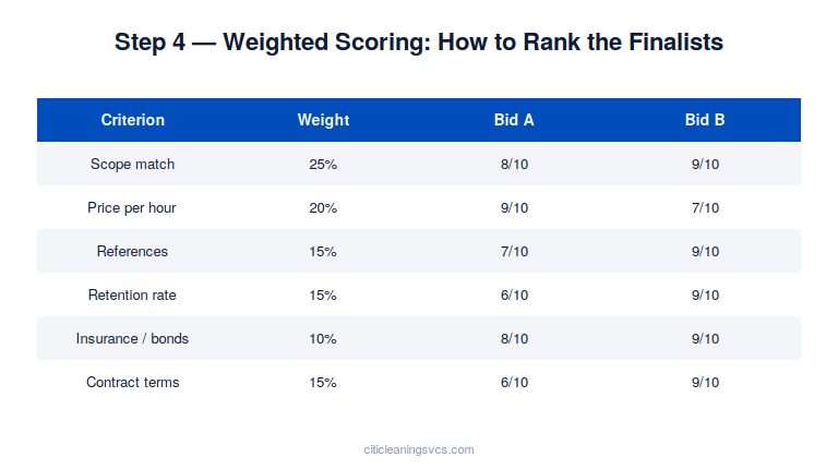 Weighted scoring model for evaluating commercial cleaning proposals side-by-side