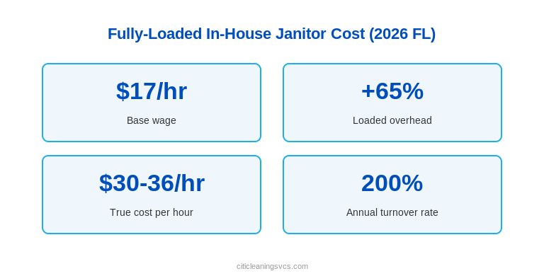 Fully loaded in-house janitor hourly cost buildup for Florida commercial cleaning