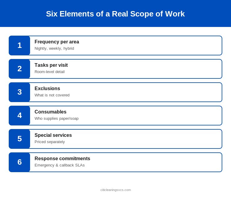 Six Elements of a Real Scope of Work — janitorial vendor evaluation infographic