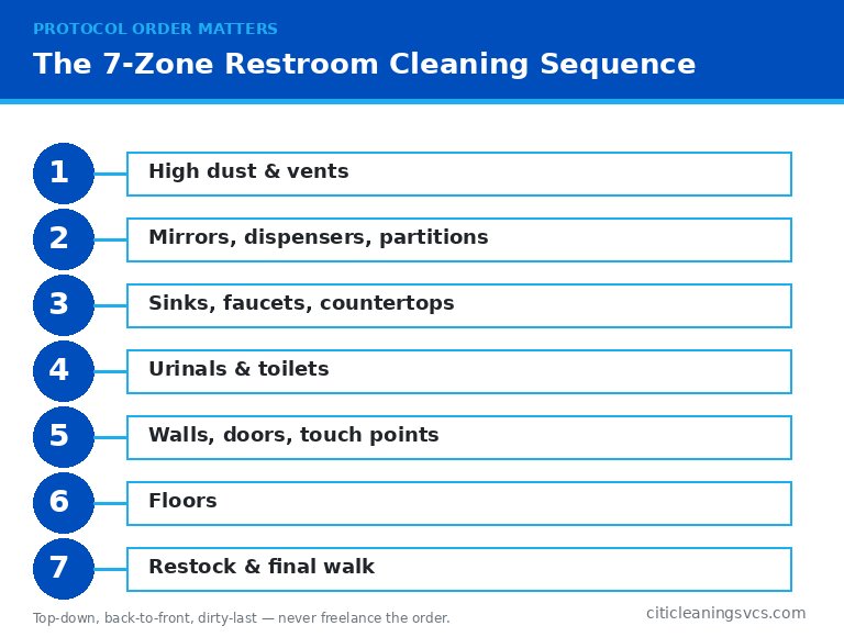 Seven zones of commercial restroom cleaning protocol top-down sequence diagram