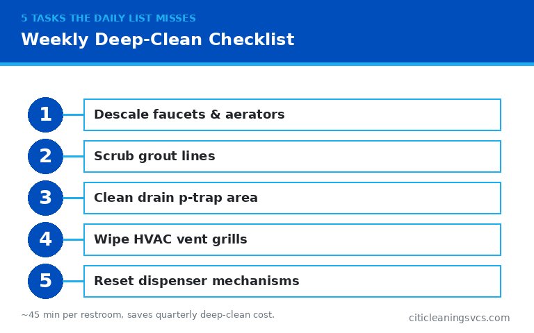 Weekly commercial restroom deep clean checklist 5 tasks grout faucets vents dispensers