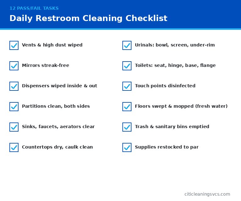 Daily commercial restroom cleaning checklist 12 tasks for office and warehouse facility managers
