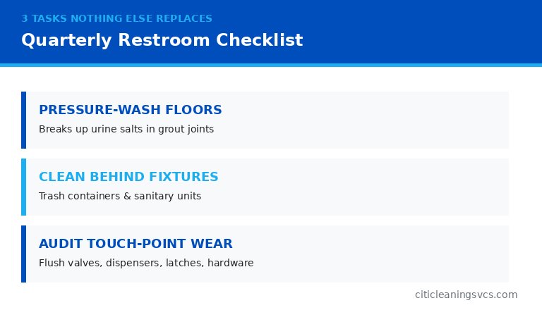 Quarterly commercial restroom checklist pressure wash drains hardware audit