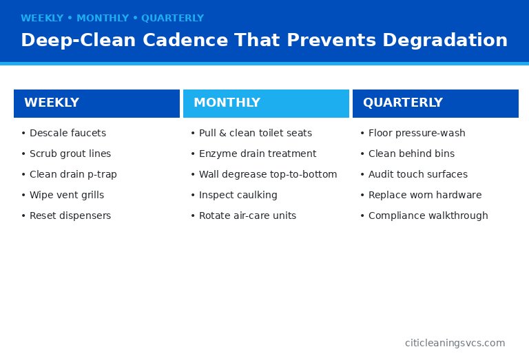 Weekly and monthly commercial restroom deep cleaning tasks schedule for facility managers