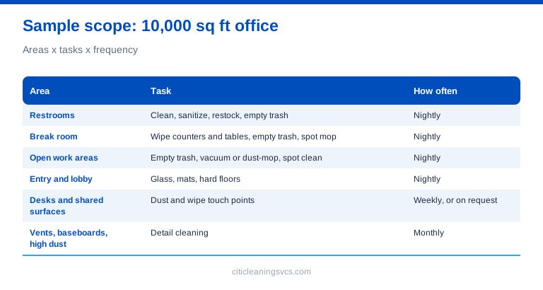 Commercial cleaning scope of work example for a 10,000 square foot office