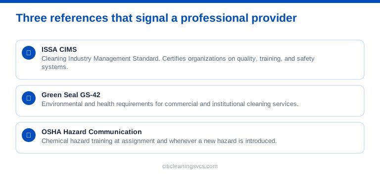 Commercial cleaning standards: ISSA CIMS, Green Seal GS-42, and OSHA Hazard Communication