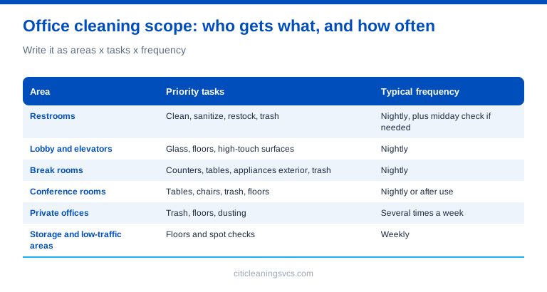Commercial office cleaning scope of work by area, task, and frequency