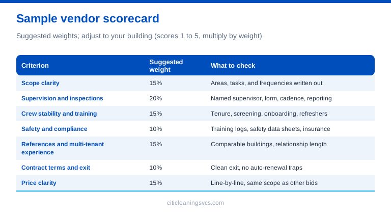 Weighted vendor scorecard for rating commercial office cleaning company bids
