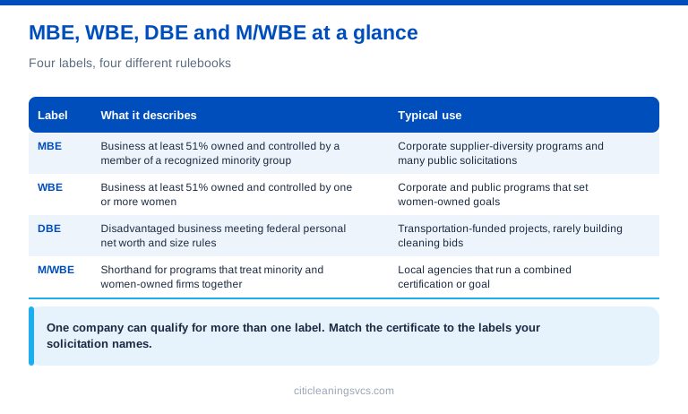 MBE WBE DBE and M/WBE certification differences chart for commercial cleaning RFPs