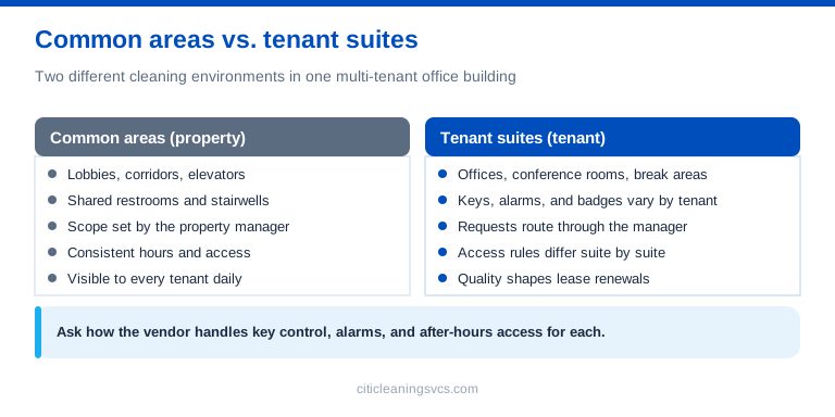 Multi-tenant office cleaning: common areas versus tenant suites