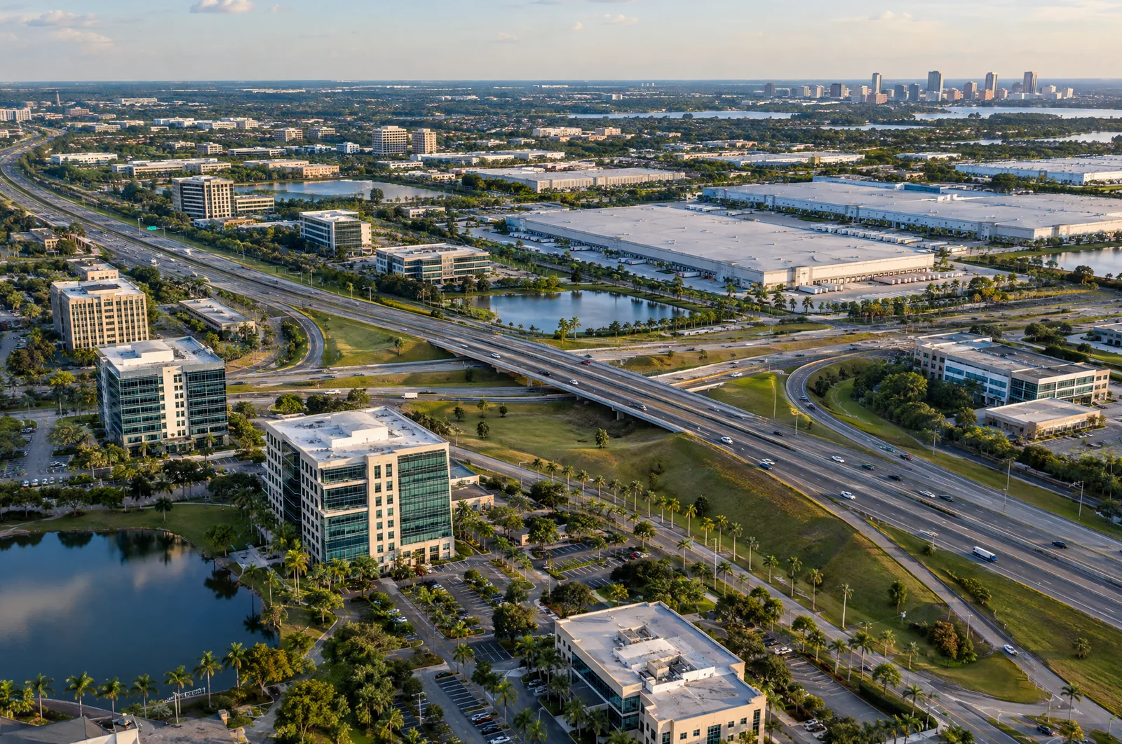 Aerial view of the Orlando business corridor with distribution warehouses and office buildings along I-4