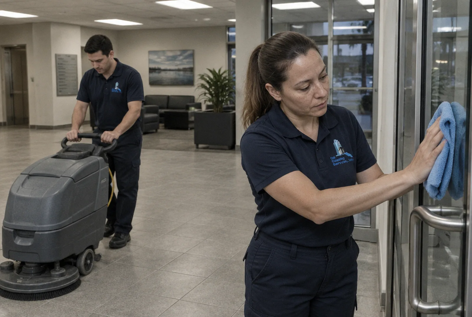 Citi Cleaning crew floor scrubbing and cleaning glass doors in a downtown Orlando office tower lobby