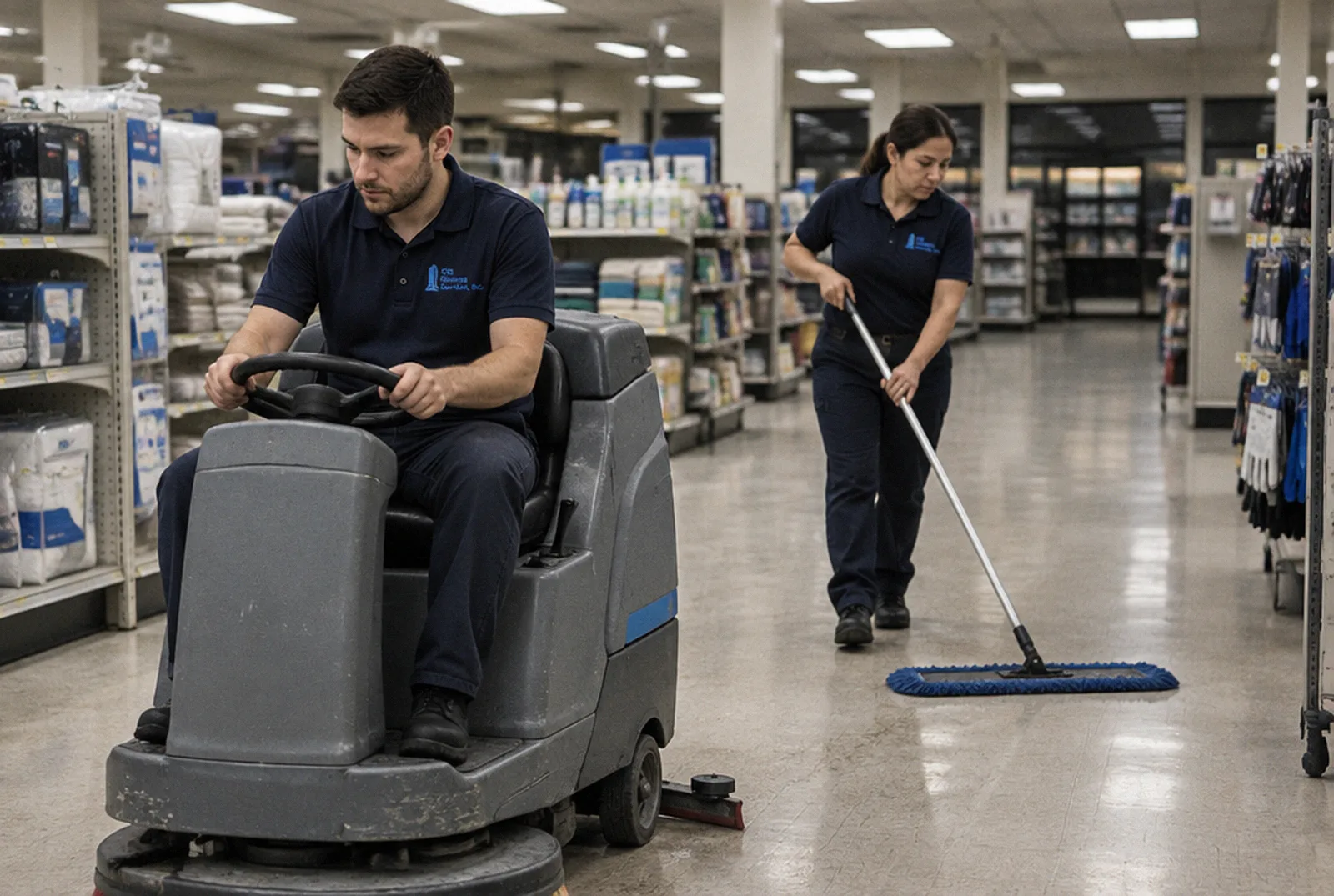 Citi Cleaning crew running an auto-scrubber on VCT floors in a large Orlando retail store